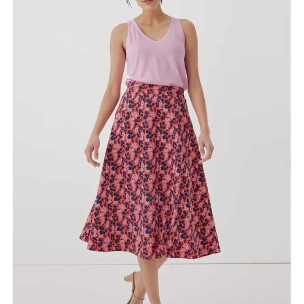 PACT Sweet Floral Cayenne Midi Skirt Pockets Organic Cotton Red Pink Medium